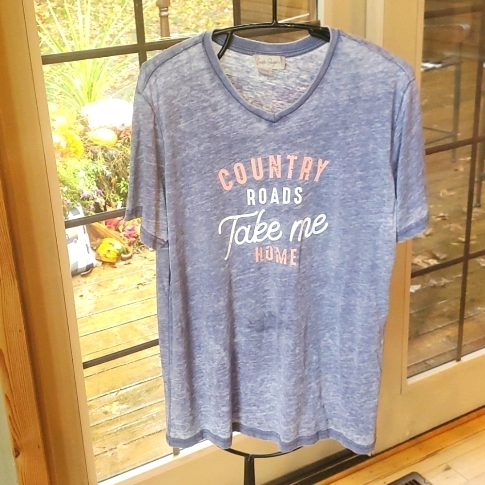 Charlie Paige Blue Country Roads Take Me Home Graphic V-Neck Burnout Tee Large